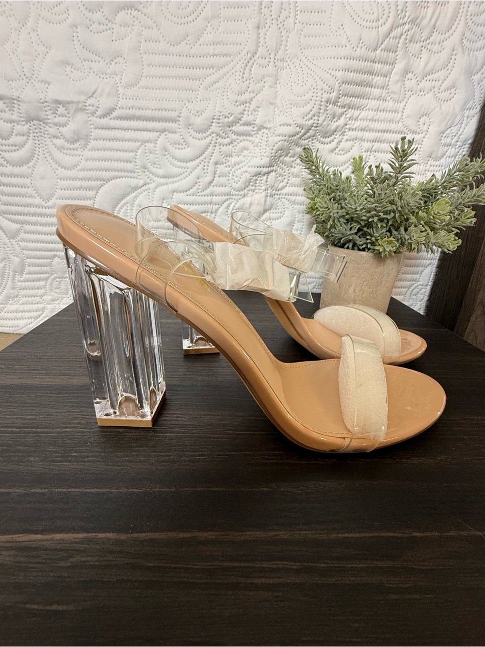 Fashion Nova Nude Clear Lucite Block Heel Sandals - Picture 8 of 9